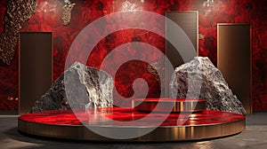 A red and gold of a nature marble platform surrounded by rocks with dramatic lighting.