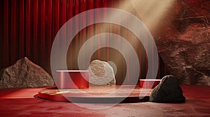 A red and gold of a nature marble platform surrounded by rocks with dramatic lighting.