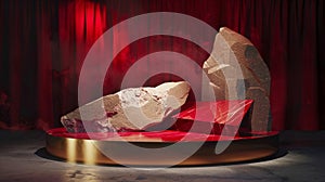 A red and gold of a nature marble platform surrounded by rocks with dramatic lighting.