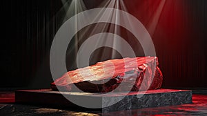 A red and gold of a nature marble platform surrounded by rocks with dramatic lighting.