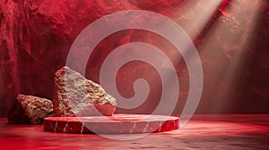 A red and gold of a nature marble platform surrounded by rocks with dramatic lighting.