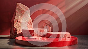 A red and gold of a nature marble platform surrounded by rocks with dramatic lighting.