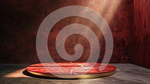 A red and gold of a nature marble platform surrounded by rocks with dramatic lighting.