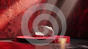 A red and gold of a nature marble platform surrounded by rocks with dramatic lighting.