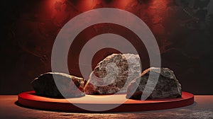 A red and gold of a nature marble platform surrounded by rocks with dramatic lighting.