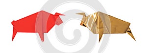 Red and gold origami paper bull.  Golden ox for Chinese lunar new year.  Bull market symbol