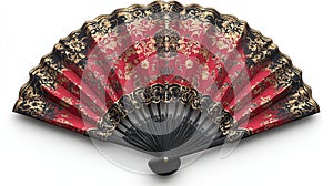 Red gold ornate hand fan, isolated, white background, cooling accessory