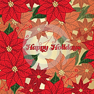 Red and gold poinsettia holiday season floral greeting card design. Festive happy holidays illustration