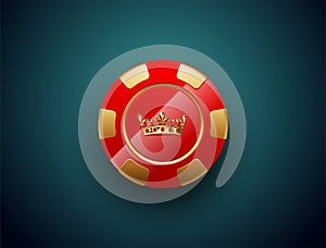 Red gold poker chip glossy black jack poker club casino crown emblem isolated on turquoise background. Vector VIP casino chip icon