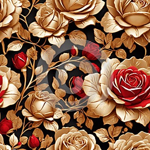 Red Gold Roses Flowers Seamless Pattern Colorful Digital Background Floral Design - ai generated