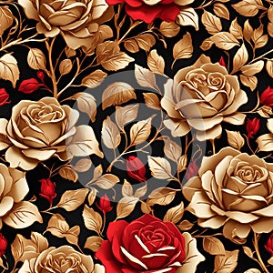Red Gold Roses Flowers Seamless Pattern Colorful Digital Background Floral Design - ai generated