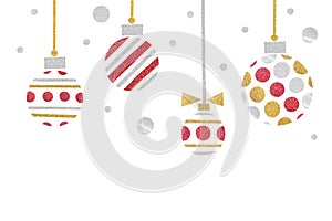 Red gold and silver glitter christmas balls paper cut on white background