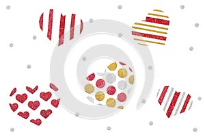 Red gold and silver glitter heart scatter paper cut on white background