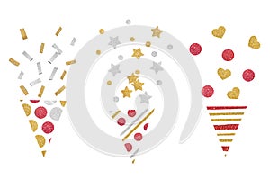 Red gold and silver glitter party popper paper cut on white background