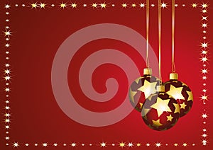 Red and gold starry background with christmas baubles. Vector illustration backdrop.