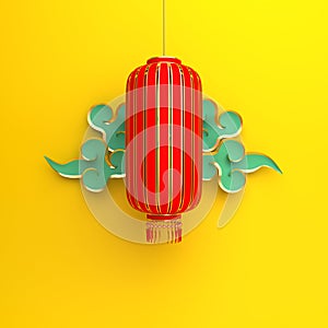 Red and gold traditional Chinese lanterns lampion and blue paper cut cloud on yellow background.