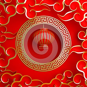 Red and gold traditional Chinese lanterns lampion, round border frame greek key and paper cut cloud. photo