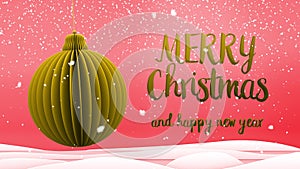 Red and gold xmas tree ball decoration Merry Christmas and Happy New Year greeting message in english on red background