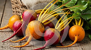 Red and Golden Beets on Rustic Wooden Surface