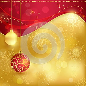 Red golden Christmas background with baubles