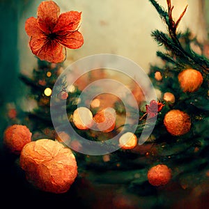 Red and golden christmas decorations on fir tree, lights, ornament background