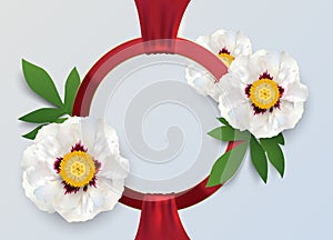 Red golden circle logo frame with big white peony flowers. Gold round frame, red silk fabric ribbon, flower, green leaf on white