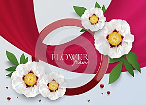 Red golden circle logo frame with big white peony flowers. Gold round frame, red silk fabric ribbon, flower, green leaf on white