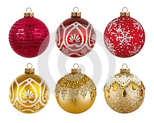 Red and golden colorful Christmas balls isolated on white background
