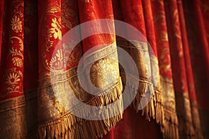 Red golden curtain closeup, abstract background