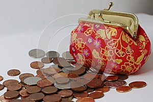 Red and golden fabric purse for small coin, euro cents, penny coins. Chinese/ asian pattern bag. Money saving for future concept.