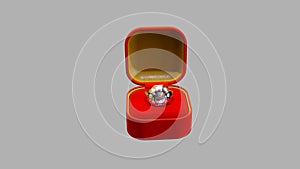 Red - golden opened jewellery present box with diamond wedding ring on grey, isolated, fictional design - object 3D illustration