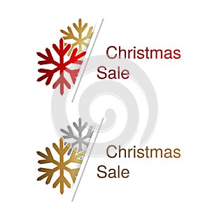 Red, golden and silver snowflakes with label for advertising text on the white background, Christmas stickers.