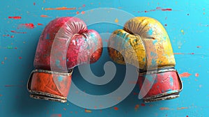 Red and golden vintage boxing gloves displayed on a colorful paint-splashed background. Concept of the fusion of sports