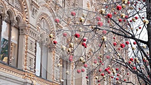 Red and golden xmas balls on trees