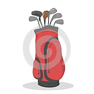 Red golf bag for clubs. Sport game