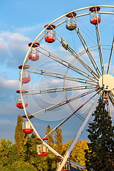 Red gondolas of the ferris wheel