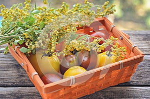 Fresh harvest of red and yellow tomatoes in a wicker basket on an old wooden table