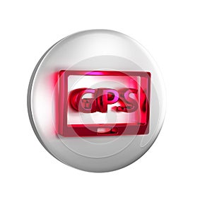 Red Gps device with map icon isolated on transparent background. Silver circle button.