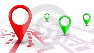 Red GPS navigator pointer on city map, from place to place