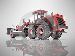 Red grader for dumping and leveling the road back view 3D rendering on gray background with shadow