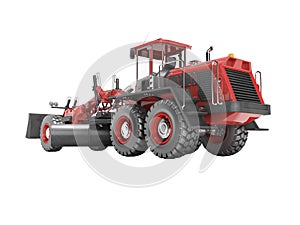Red grader for dumping and leveling the road back view 3D rendering on white background no shadow