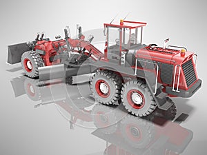 Red grader to align the road rear view 3D rendering on gray background with shadow