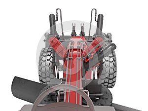 Red grader to align the road view from the cab 3D rendering on white background no shadow