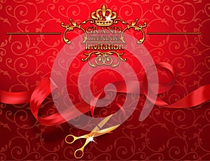 Red grand opening invitation card with scissors and red ribbon