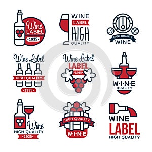 Red grape wine vintage labels set, collection of abstract wine emblems vector Illustrations
