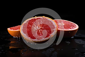 Red Grapefruit With Drops On Black Gradient Background. Generative AI