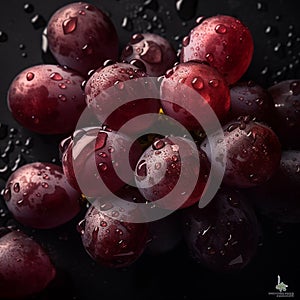 red grapes background, ripe lilac purple appetizing grape berries in large drops of water,