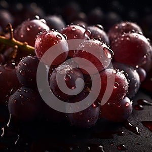 red grapes background, ripe lilac purple appetizing grape berries in large drops of water,