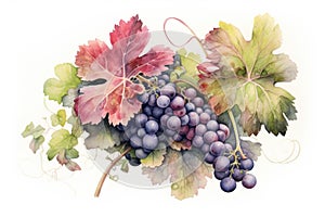 Red grapes branch with green leaves and tendrils. Realistic watercolor illustration on white background. Generative AI