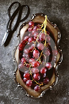 Red grapes in cupronickel platter on a gray background.